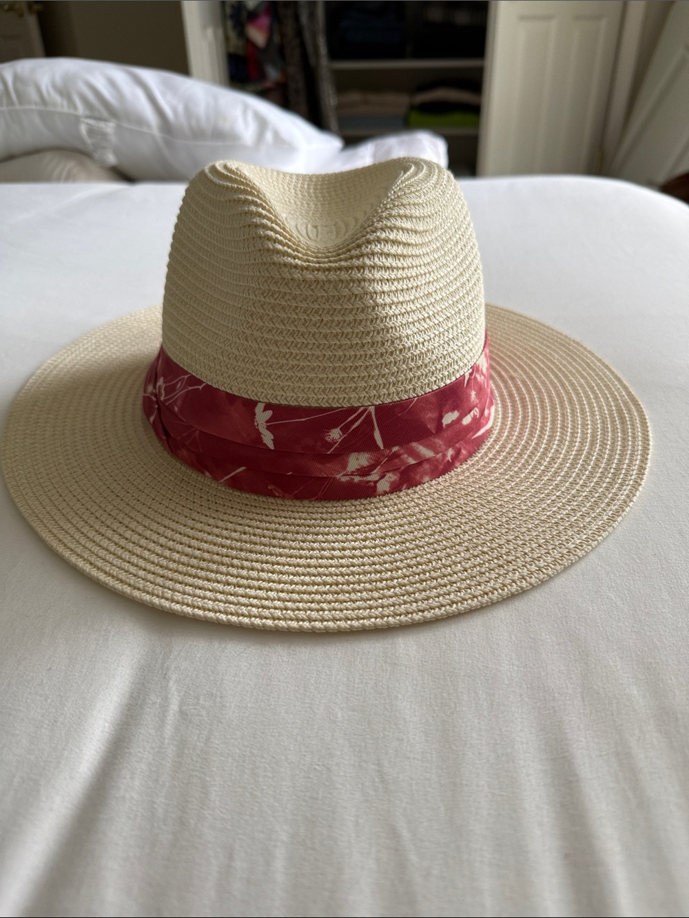 Wide-Brim Straw Fedora with Pink Floral Band